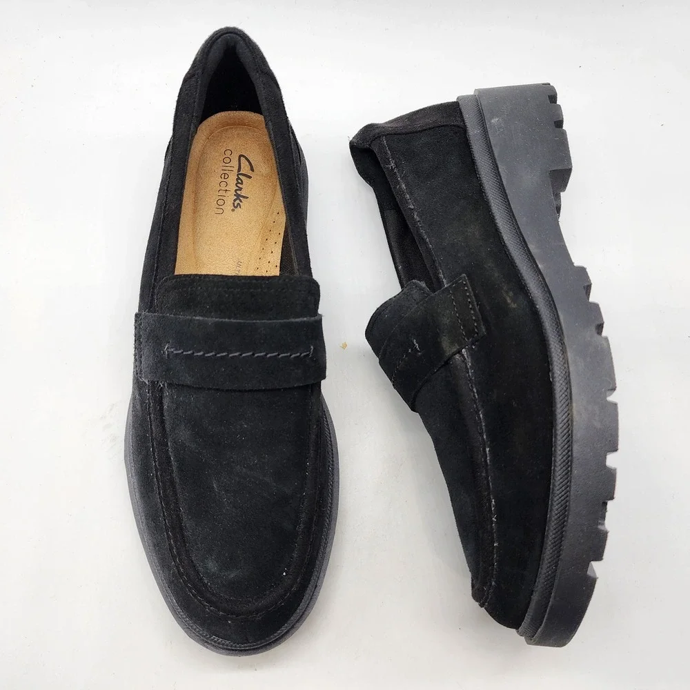 Clarks Calla Ease Loafers Women's 9 Black Suede Platform Lug Sole